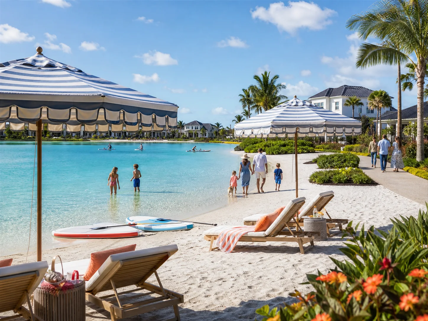 Conceptual lagoon lifestyle with sandy beach, paddleboards and Florida homes